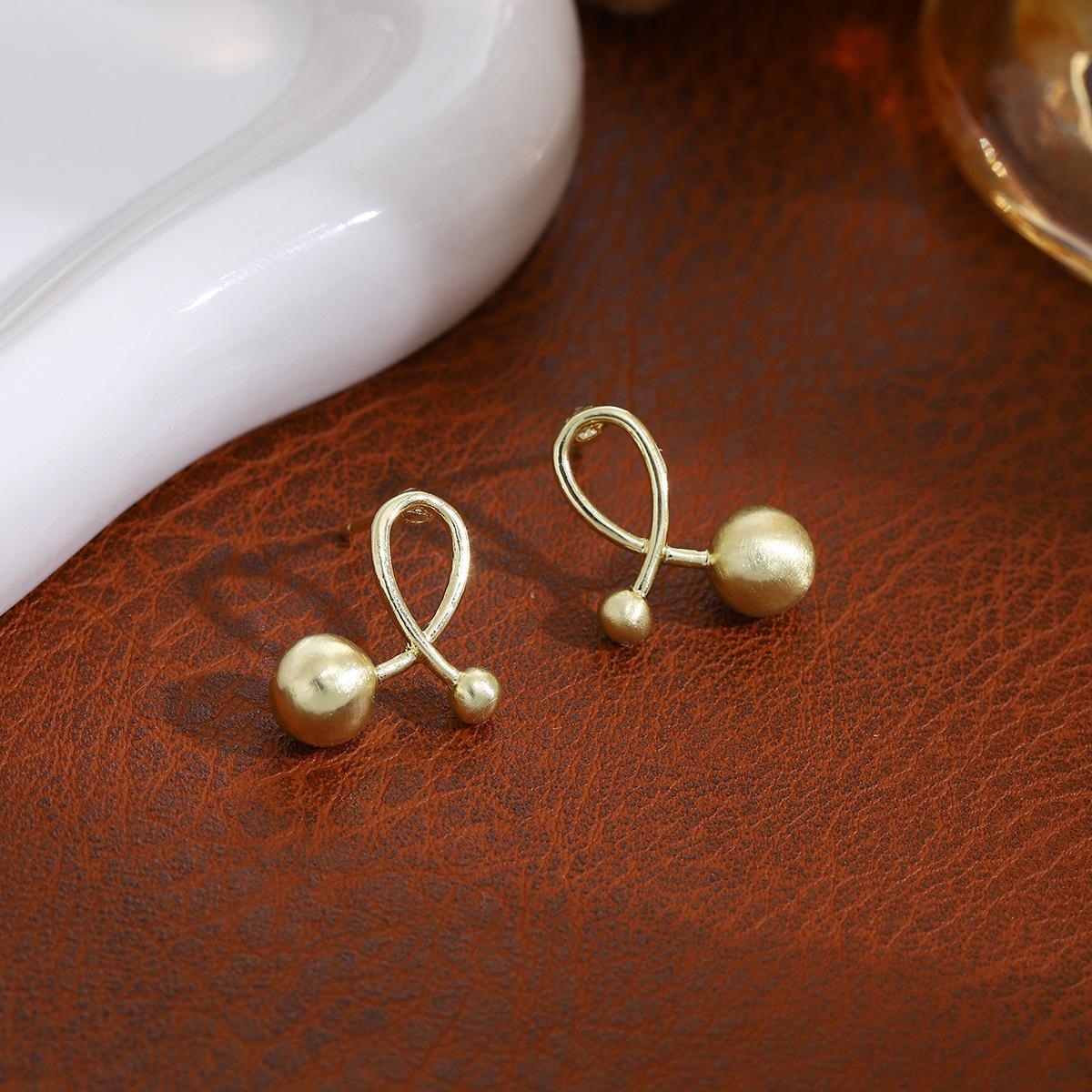 Gold Brushed Cross Bead Small Stud Earrings, Light Luxury High-End Simple Temperament Earrings