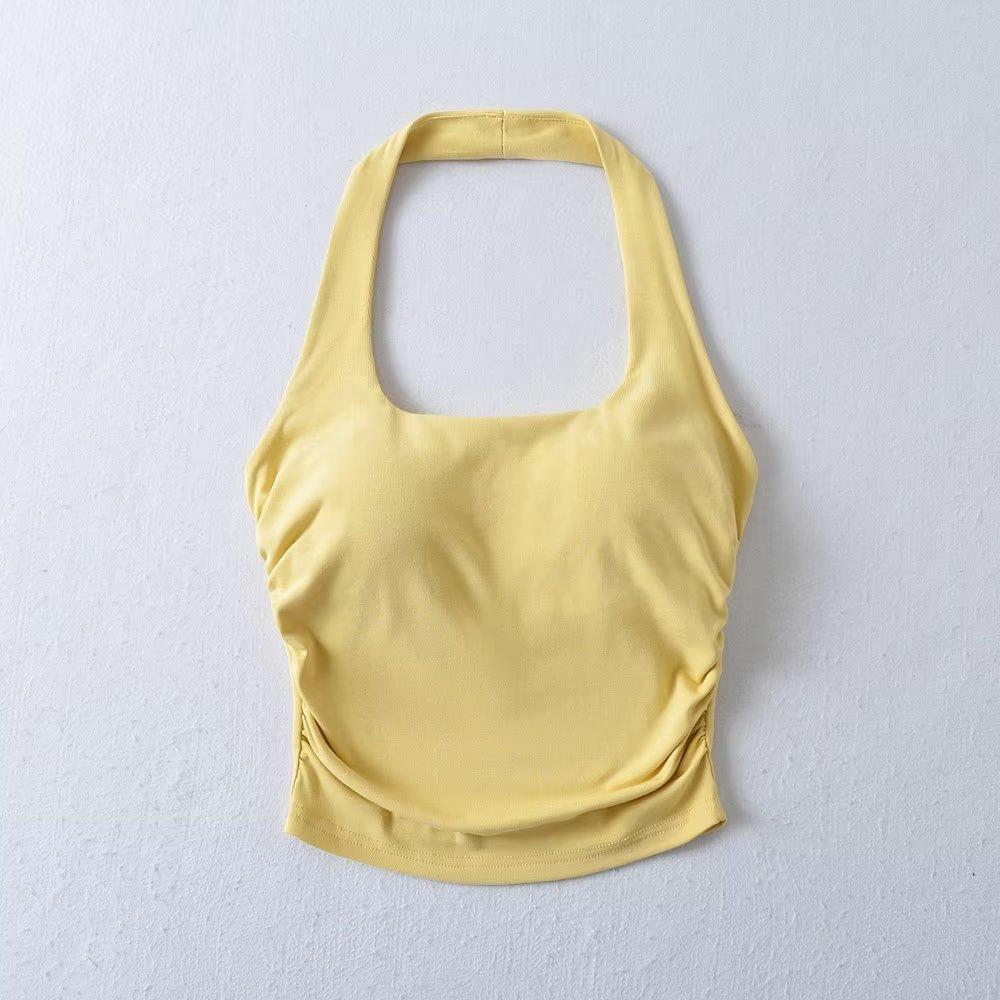 YPFF Stylish Women's Padded Halter Tank Top - Backless, Ruched, Waist-Slimming Crop Top