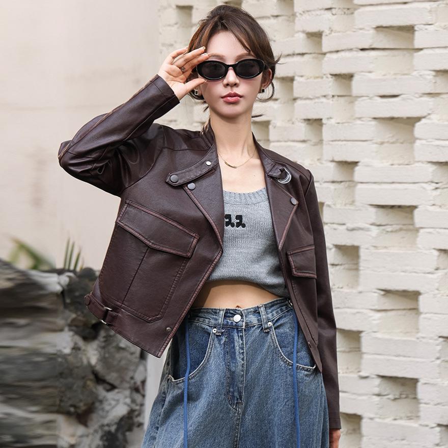 

Модная куртка из искусственной кожи в гонконгском стиле для женщин, короткая, новая, на весну и осень, с воротником-стойкой, в стиле локомотива, куртка из искусственной кожи, тренд XL