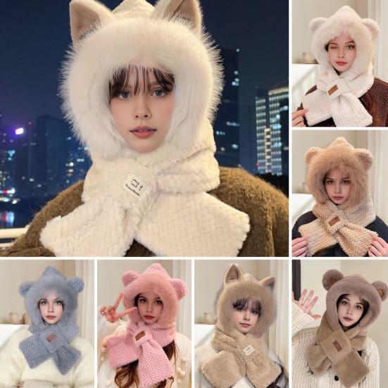 Women Winter Integrated Hat And Scarf Thick Fleece Warm Cartoon Fox Ear Decor Windproof
