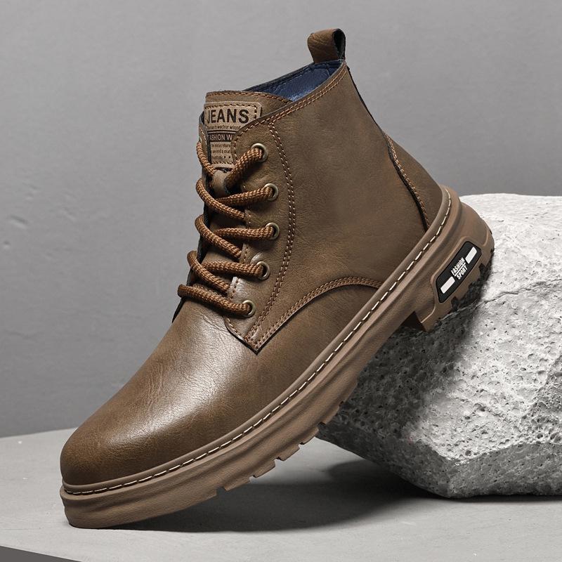Men's Plus Size Fleece-Lined Leather High-Top Motorcycle Boots - Retro Warm Workwear Style