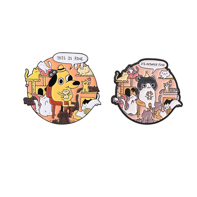 Xiaomi It's Actually Fine Enamel Pins THIS IS FINE Humor Chaos Cat And Dog Animal Brooch Backpack Lapel Hat Badge Fashion Jewelry Gifts