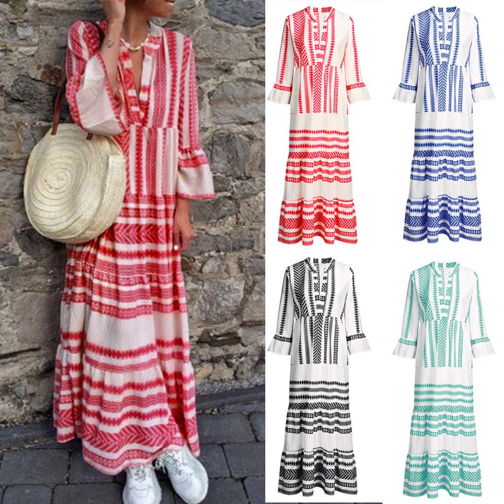 Fashion Women Summer Printed V Neck  Long Dresses Bohemian Dresses