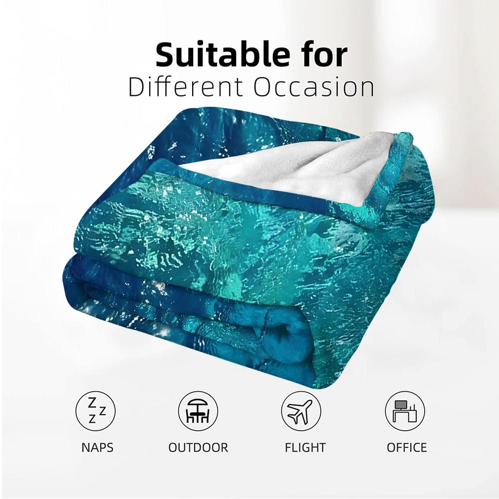 Turquoise Sunlit Sea Surface Cartoon Anime Print Flannel Blanket Soft Warm Throw for Kids Bedroom Sofa Christmas Office Car