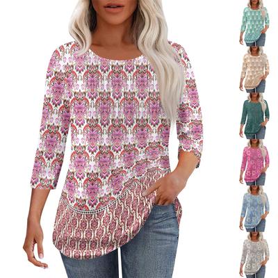 Camiseta Informal de Moda para Mujer con Pliegues, Cuello Redondo, Estampado Floral y Mangas de Tres Cuartos