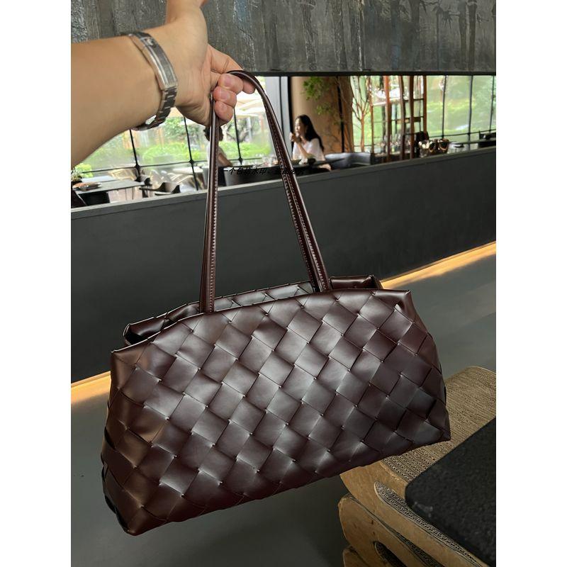 

Genuine Leather Double-Layer Hand-Woven Large Bag Large Capacity Commuter Tote Bag All-Match Handbag Shoulder Underarm Big Bag Ebony Coffee