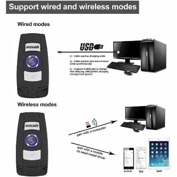 Mini 2D Portable Handheld Bluetooth Barcode Scanner Wireless 2.4G & USB Wired 3-in-1 Bar Code Scanner Portable USB QR Code Scanner for