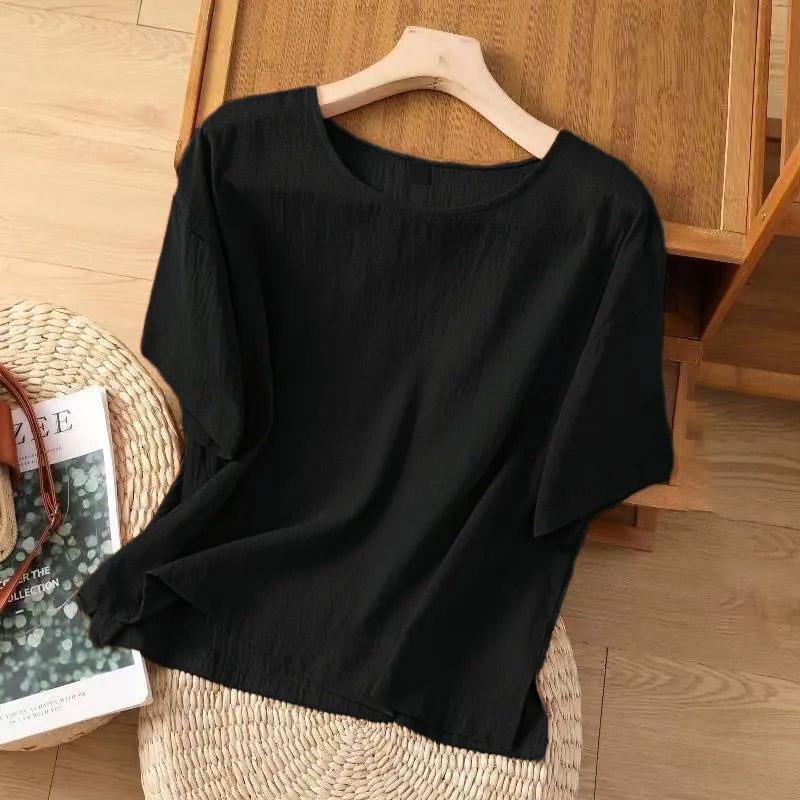 

Хлопковая футболка для женщин летняя с коротким рукавом свободного кроя оверсайз однотонная пуловер льняная рубашка топ XXXXL чёрный