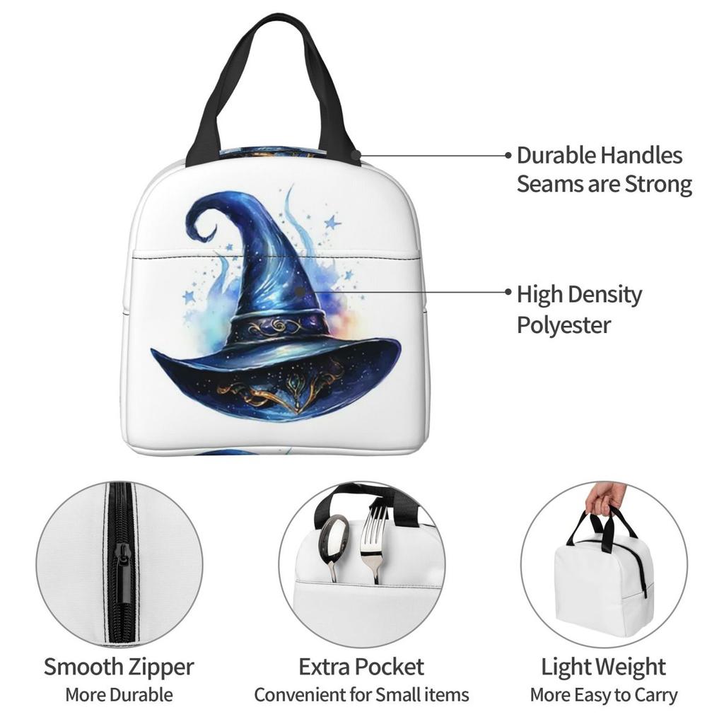 One Arcane Witch Hat Pattern Insulated Lunch Bag for Women Kids Portable Food Boxes Thermal Lunch Box Tote