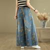Summer Thin Jeans Printed with Floral Wide Leg Pants Loose and Slimming Elastic Waist Straight Leg Mop Pants for Women 2025