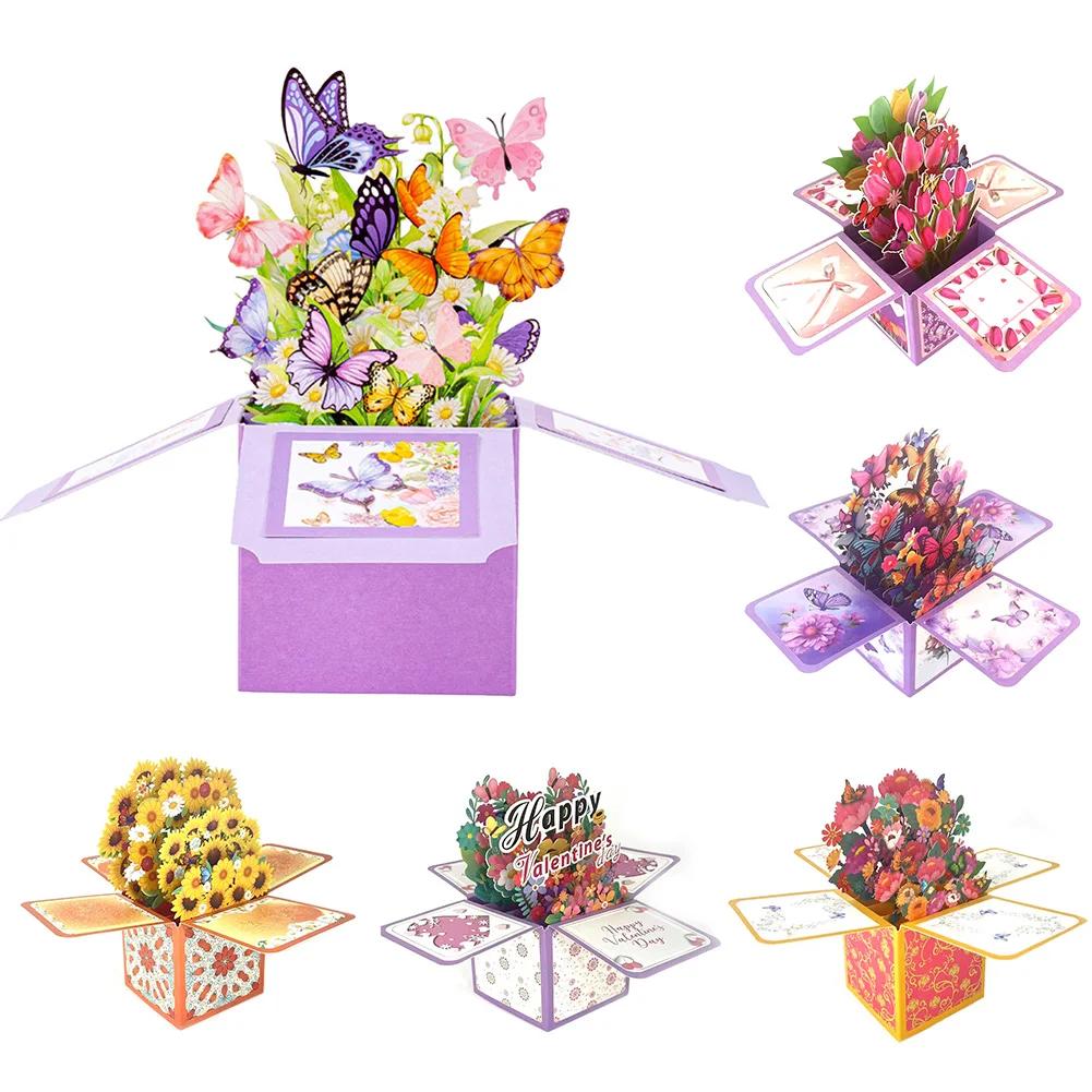 Creative Blessing Greeting Postcard 3D Pop-Up Tulips Roses Sunflowers Bouquet Card Gift For Her Friend Lover