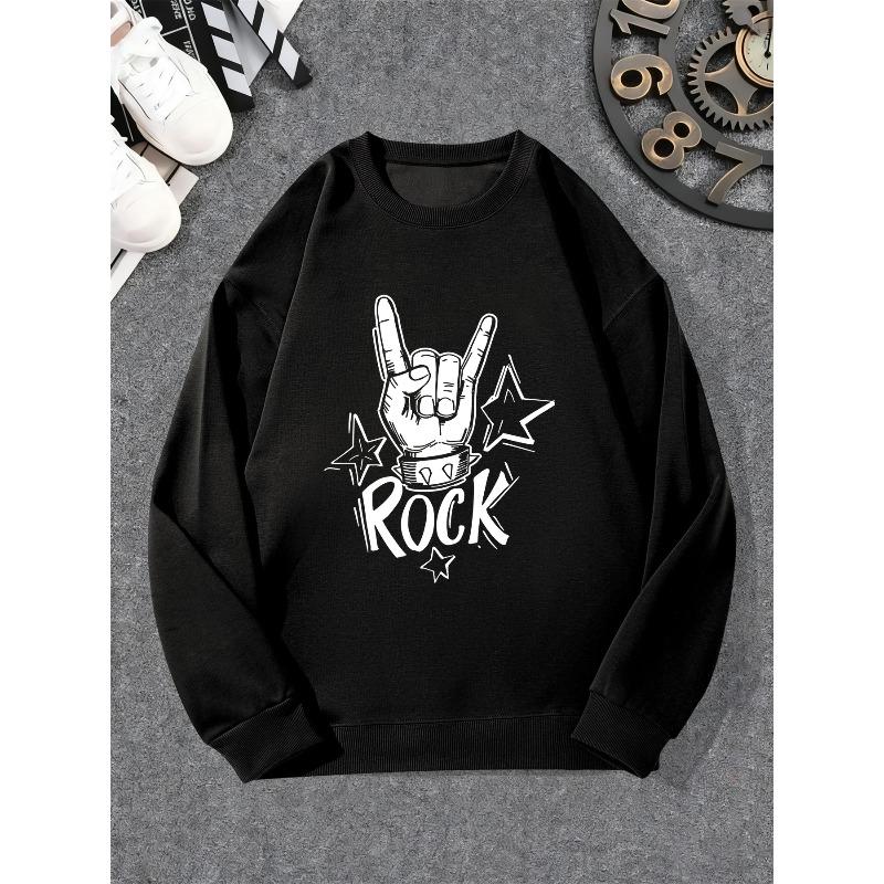 Men's Rock Hand Gesture and Star Pattern Casual Crew Neck Sweatshirt
