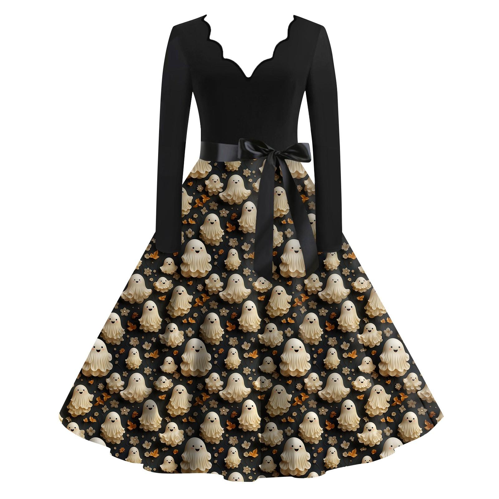 Женская повседневная мода с длинным рукавом Хэллоуин принт винтажные длинные платья осень — фото 6