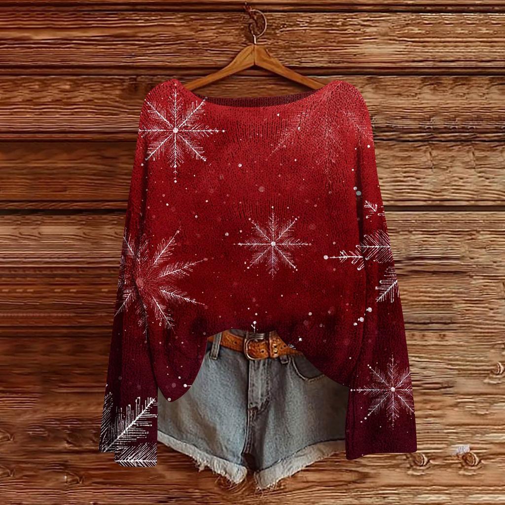 Women's Fashion Christmas Print Lightweight Sweater Casual Long-Sleeve Knit Pullover Top
