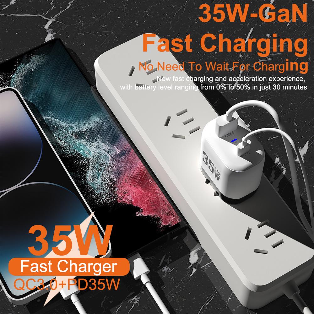 35W GaN Fast Charger with QC 3.0 & PD, Compatible with European & American Standards (9V/12V)