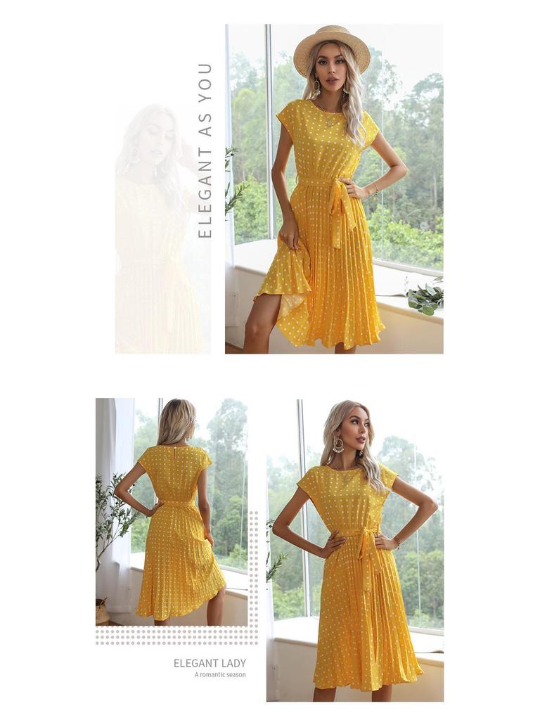 2026 Summer Polka Dot Pleated Lace-up Dress - Mid-length Casual Short-sleeved Style for European and American Markets