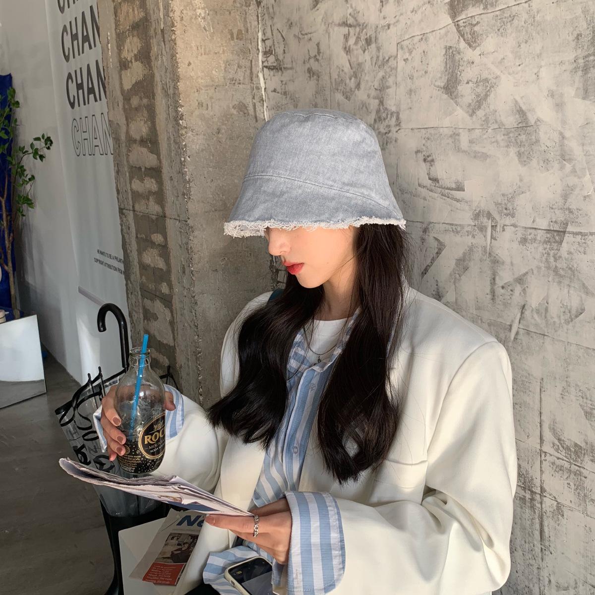 

Spring and summer washed rough edge denim polished fisherman hat children bucket sunshade basin hat tide M（56-58cm） хакі