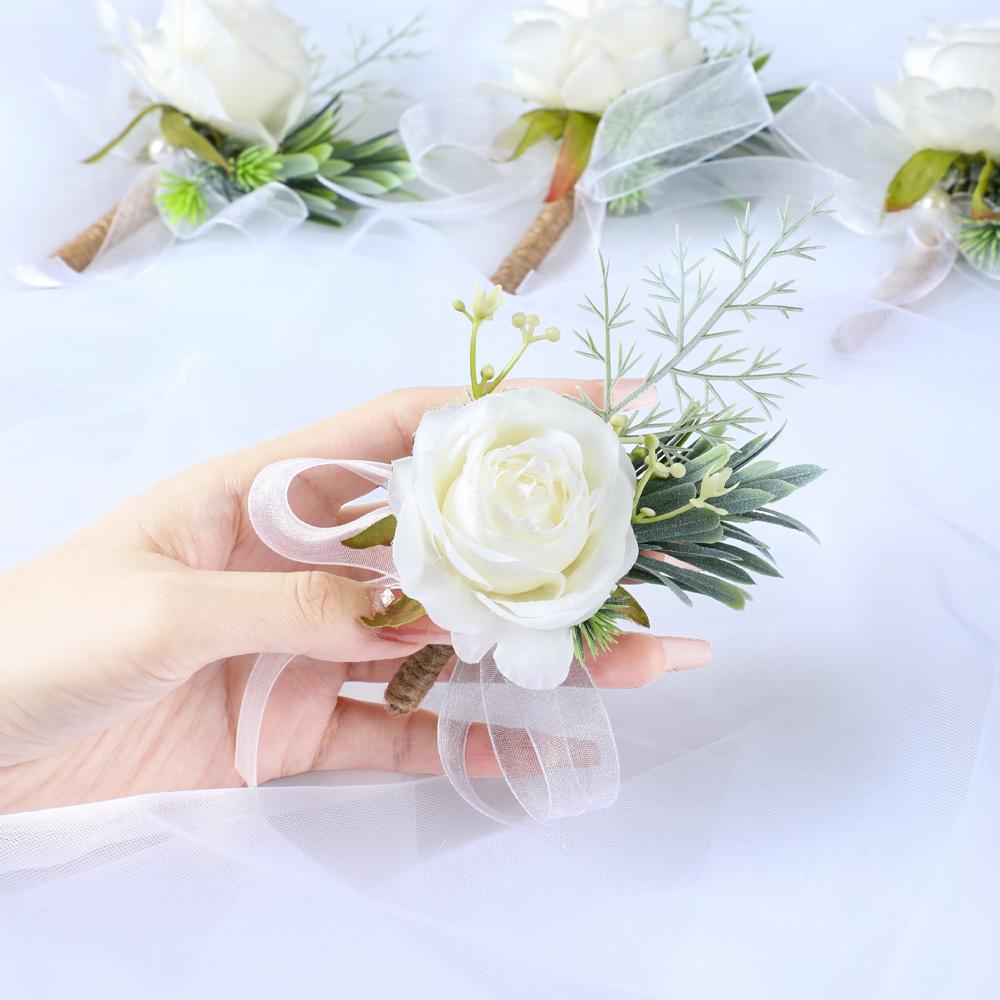 Wedding Chest Flower, Groom Bride Wedding Bridesmaid Wrist Flower, Wedding Accessory, Rose Ribbon Simulation Flower, Wreaths