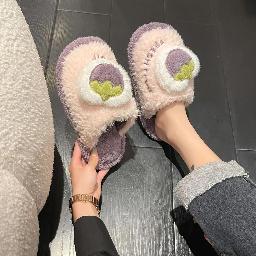 Fashion Winter Women Shoes Cute Cartoon Casual Home Shoe Fruit Furry Thick Warm Plush Footwear Flat Casual House Comfortable Slipper