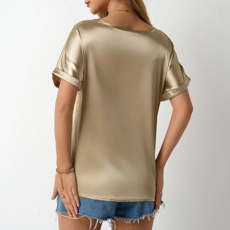 Women's Summer Fashion New Loose Pocket Roll Short Sleeve Casual Top