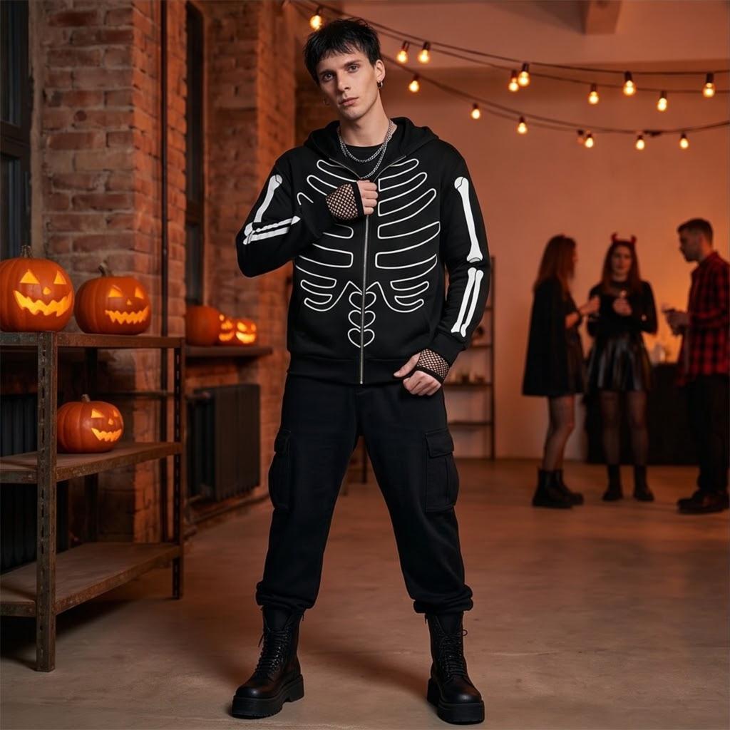 Men's Fashion Casual Halloween Print Hooded Jacket with Pockets for Fall and Winter
