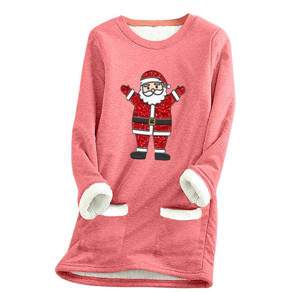 Ladies' Loose And Comfortable Round Neck Christmas Print Thick With Pockets Long Sleeved Top