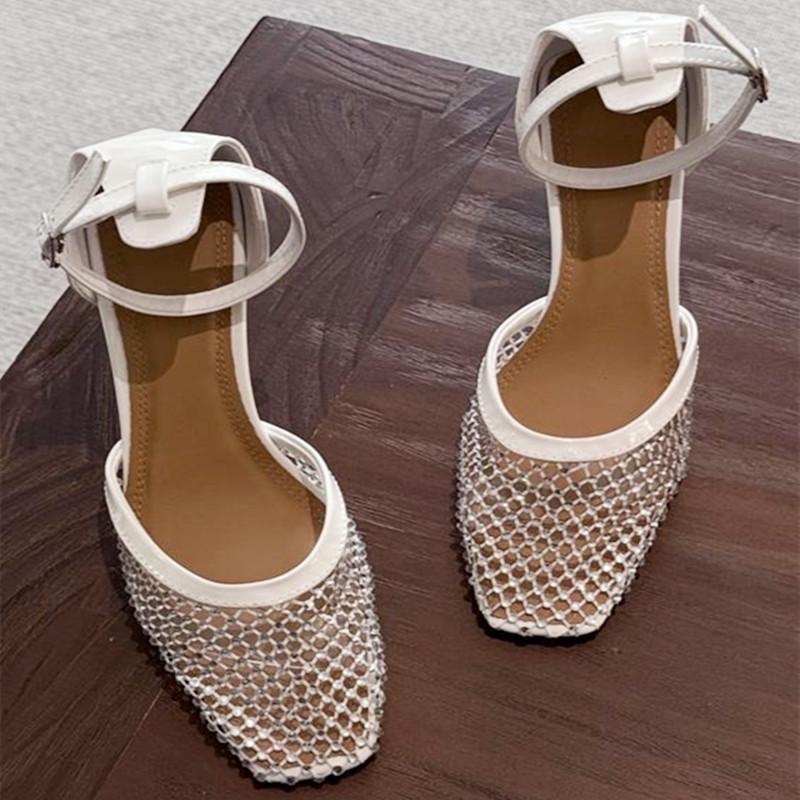 Fashion Luxury Mesh Rhinestone Designer Sandals Fashion Buckle Ankle Strap Square Toe women Slide Sandals summer Sexy Hollow Ladies Shoe