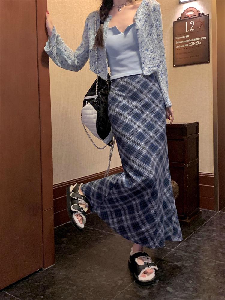 

Women s Retro Blue Plaid High-Waist Fishtail Skirt – Korean Style, Slimming Mid-Length, Versatile for Autumn 5XL синій