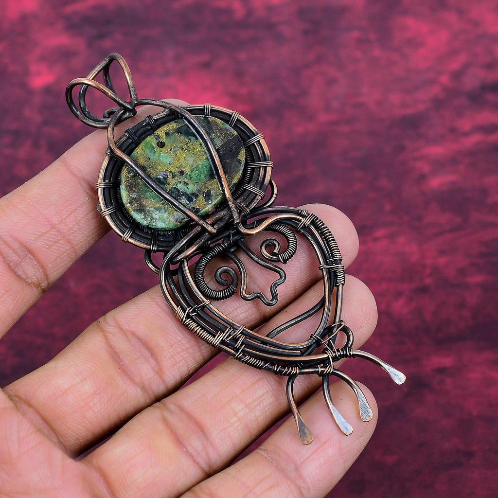 Copper Ruby Zoisite Gemstone Pendant Handmade Copper Wire Wrapped Unique Jewelry