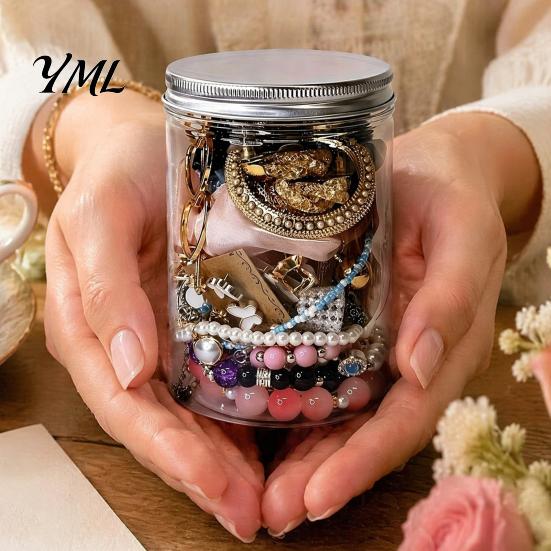 Decorative Jewelry Jar 35/40/45/50/60Pcs Mystery for Women, Box with Assorted Random Necklaces Earrings Rings Bracelets, Silver Golden Plated