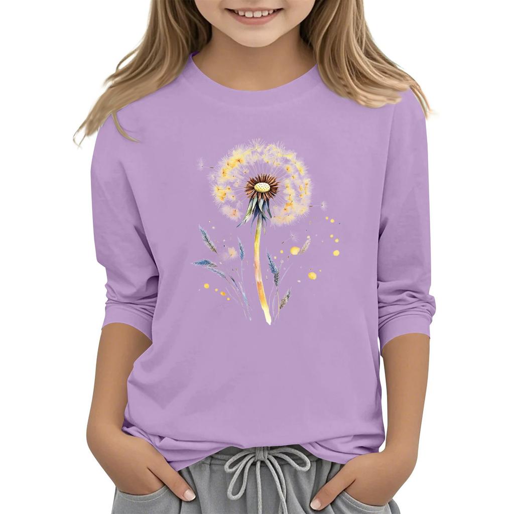Children's 3/4 Sleeve Round Neck Flowers Print Casual Top