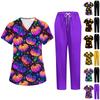 Women's Costume Set Short Sleeve Halloween Print Top and Pants with Pockets 2 Piece Work Uniform