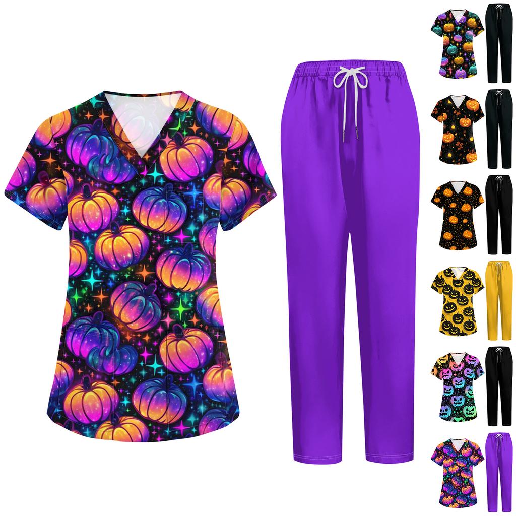 Women's Costume Set Short Sleeve Halloween Print Top and Pants with Pockets 2 Piece Work Uniform