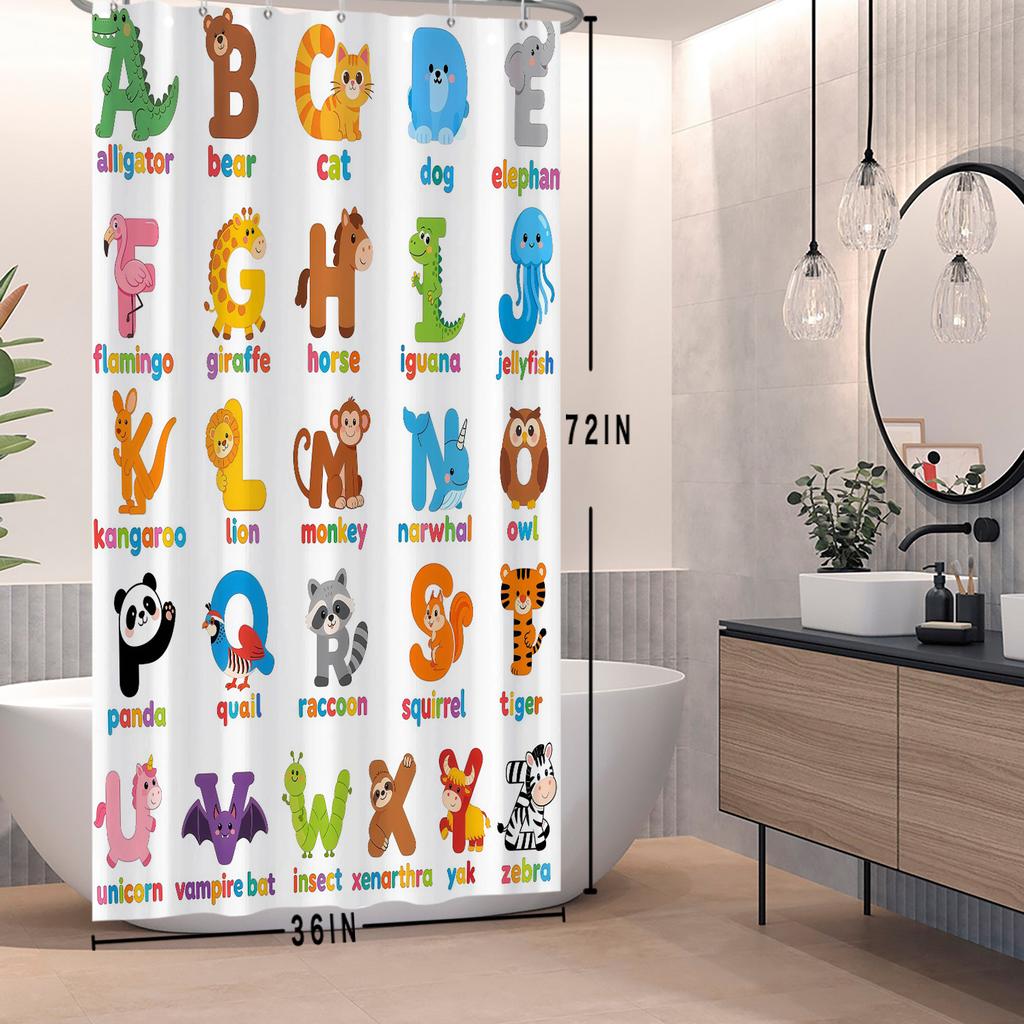 Cartoon Animal Alphabet Shower Curtain For Kids Abc Educational Learning Tools Baby Girls Boys Colourful Bath Curtain Bathroom
