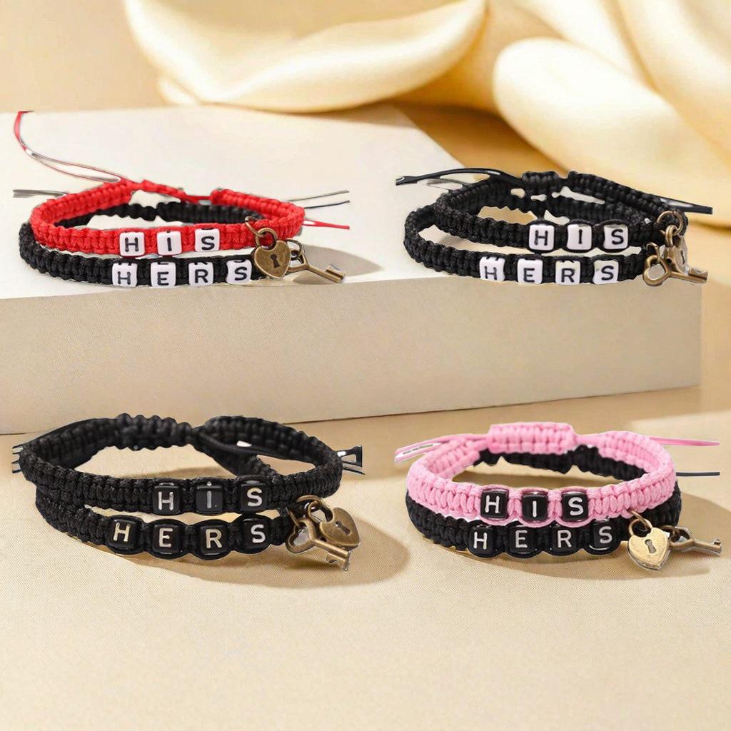 

Trendy HIS HERS Couple Bracelet with Lock & Key Pendant and Woven Lanyard