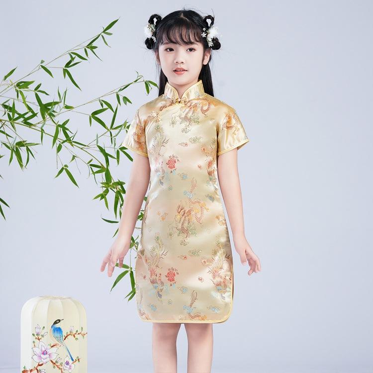 Dragon Phoenix Pattern Niche Design Autumn Silk Chinese Style Dress Girls Skirt Kids Traditional Dress Qipao Girls Cheongsam