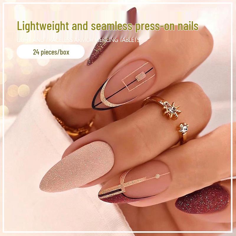 Almond Shape Glitter Nail Tips with Removable Jelly Glue - Minimalist Nail Art Patches