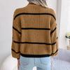 Striped Half High Collar Sweater Lantern Sleeve Knitted Pullover Women's Casual Top Thickened Warm Comfortable Autumn and Winter