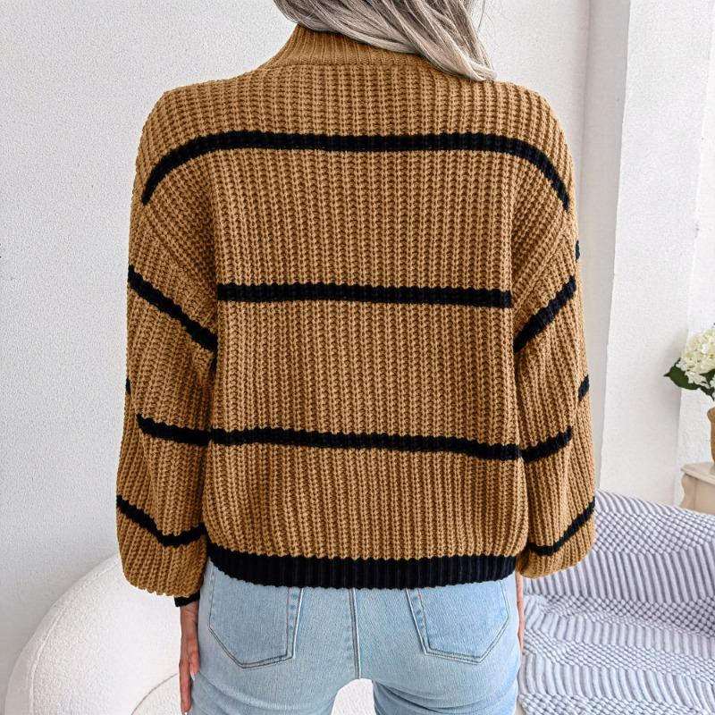 Striped Half High Collar Sweater Lantern Sleeve Knitted Pullover Women's Casual Top Thickened Warm Comfortable Autumn and Winter