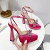 Fashion Brand Love Rhinestone/Flower Strap Sandals Model Show Bow Tie High Heels Thick Heel Waterproof Platform Size 35-43 Women's Shoes