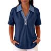 Damen Freizeit Denim Kragen Patchwork Leinen Baumwolle Hemd Top Kurzarm Knopfleiste Leicht Atmungsaktiv Sommer Bluse