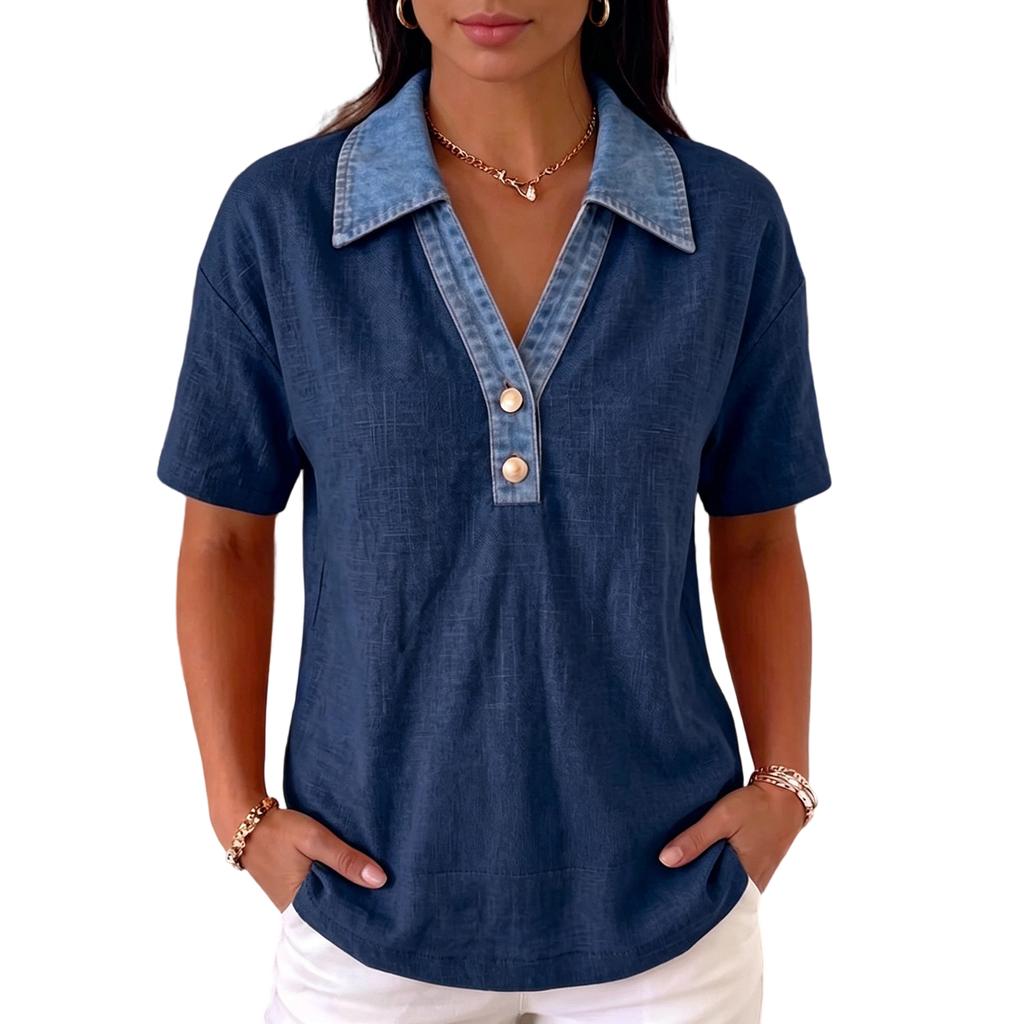 Damen Freizeit Denim Kragen Patchwork Leinen Baumwolle Hemd Top Kurzarm Knopfleiste Leicht Atmungsaktiv Sommer Bluse