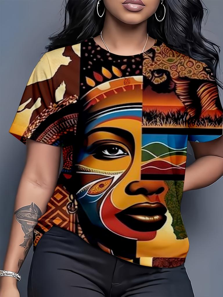 Women'S Round Neck Short Sleeve T-Shirt Multi-Color African Woman And Elephant Print Full Print Casual Juneteenth