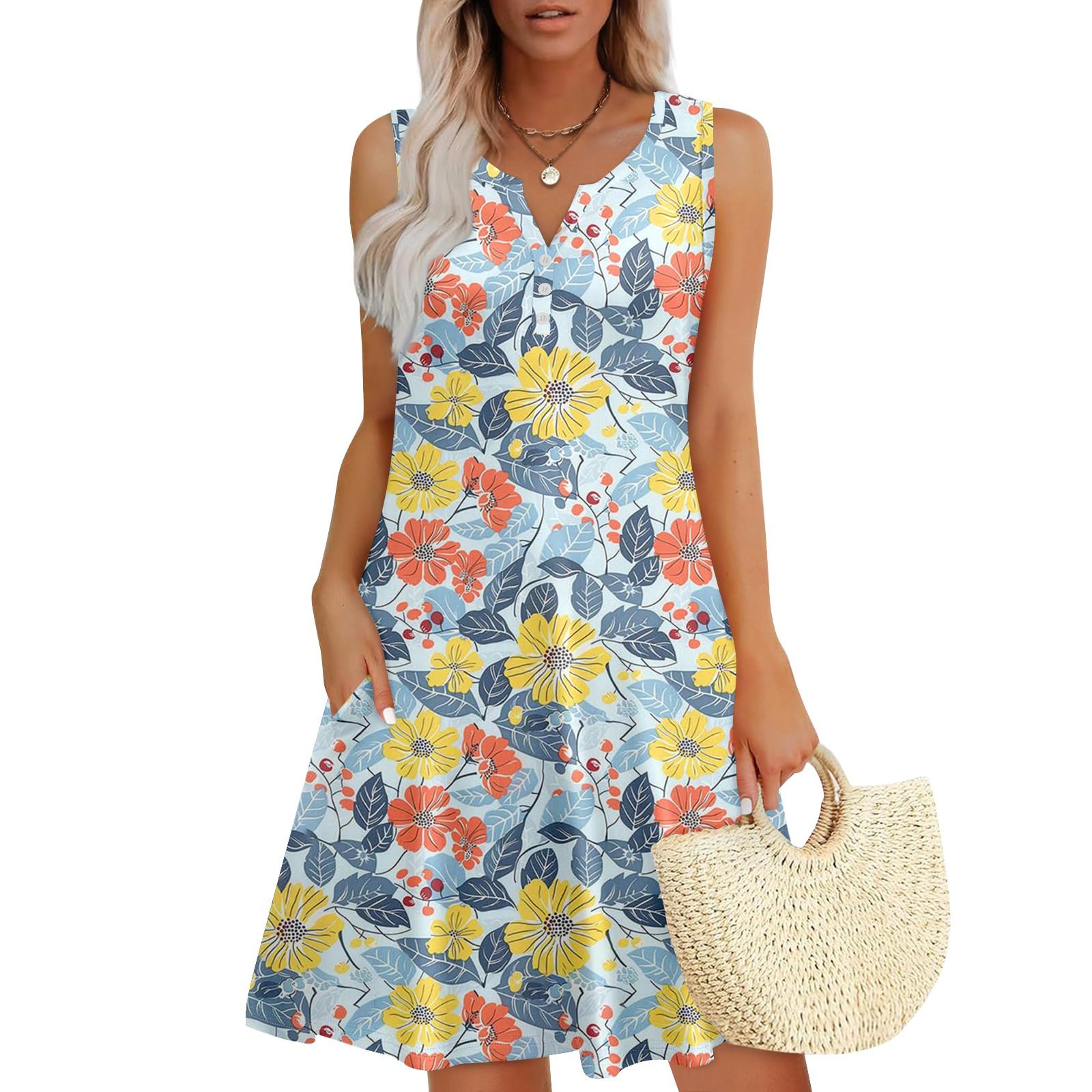 

Женские летние платья Свободные сарафаны без рукавов с V-образным вырезом Платье с карманами XL жёлтый