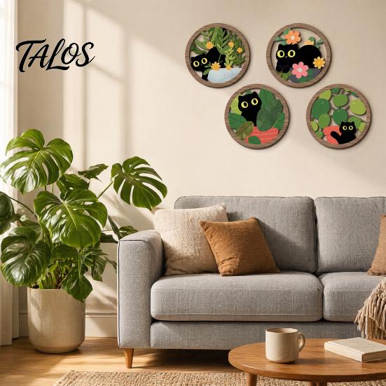 Green Plant Cat Wall Art 4Pcs/Set Plants Decorations, Farmhouse Cartoon Wooden Sign Kitten with Round Frame, Rustic for Living Room Decoration