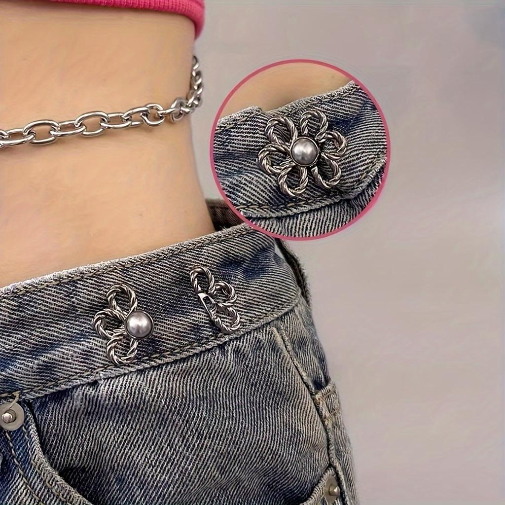 1PC Adjustable No-Sew Waist Buckle Invisible Tightening Button for Oversized Pans, Denim, and Jean Skirt - Non-Piercing Detachable Pearl Pin