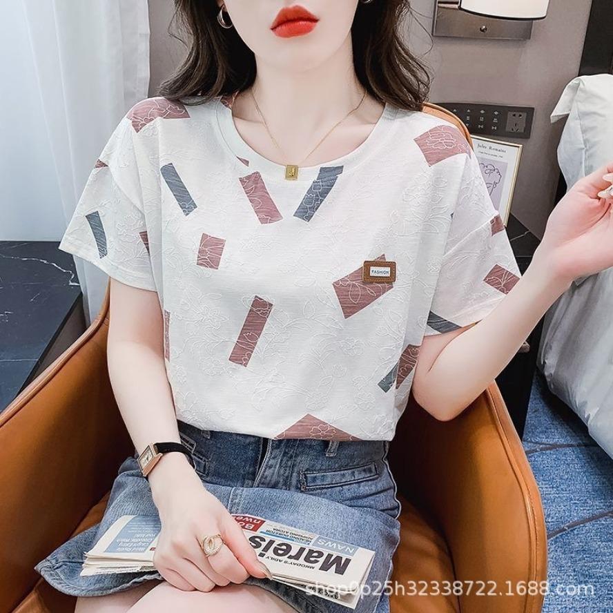 Women's Fashion Casual Summer Spring Geometric Print Short Sleeve O-Neck Blouses & Shirts
