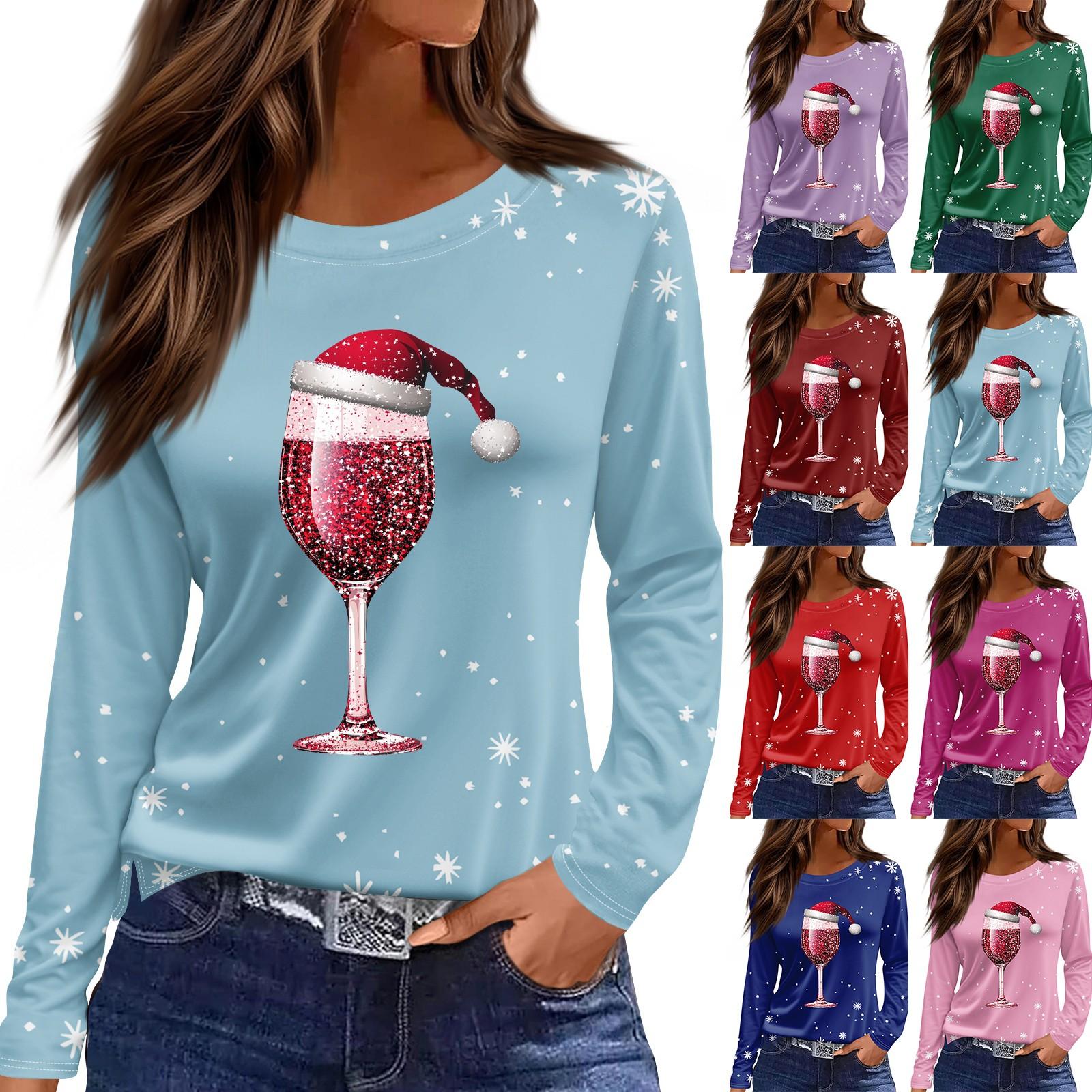 

Женская мода рождественский принт круглый вырез повседневный длинный рукав топ L