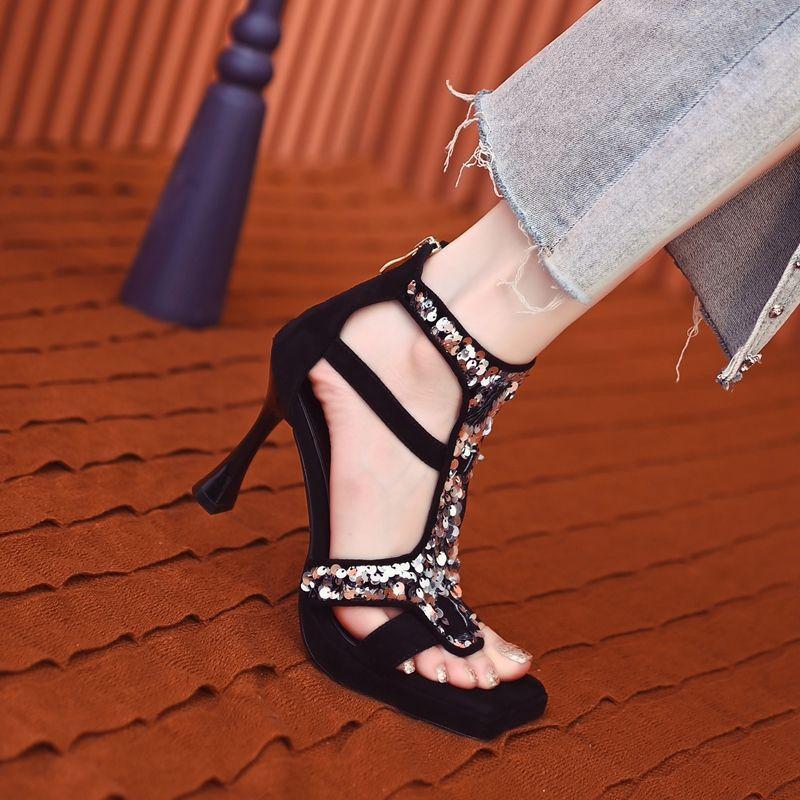Sequins Fashion Sandals Women's Summer Square Head Thin Heel Elegant High Heels 2025 New Silver Skirt Banquet Shoes