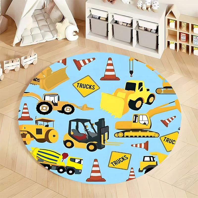 Construction-Themed Kids Rug for Playroom or Nursery Round Carpet for Home Sofa Bedroom, Gift